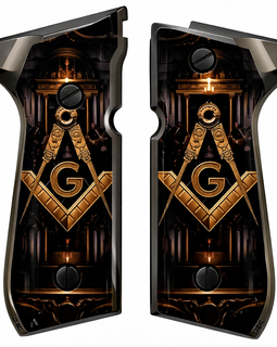 Beretta 92 / 96 Square & Compass “G” Lodge Design Grip Panels – Polished Black Border – Includes 4 Screws