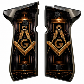 Beretta 92 / 96 Square & Compass “G” Lodge Design Grip Panels – Polished Black Border – Includes 4 Screws