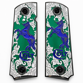 Black Plated Colt 1911 Full Size Metal Grips – Green Enamel & Blue Stallion – Ambi Cut – Matching Screws Included
