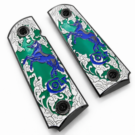 Black Plated Colt 1911 Full Size Metal Grips – Green Enamel & Blue Stallion – Ambi Cut – Matching Screws Included