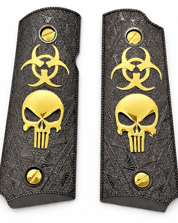 1911 Compact / Officer Grip Panels Black Textured Metal with Gold Skull & Biohazard – Ambi Cut – Includes Gold Screws1911 Compact / Officer Grip Panels Black Textured Metal with Gold Skull & Biohazard – Ambi Cut – Includes Gold Screws