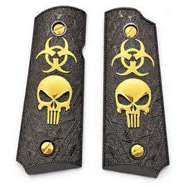 1911 Compact / Officer Grip Panels Black Textured Metal with Gold Skull & Biohazard – Ambi Cut – Includes Gold Screws1911 Compact / Officer Grip Panels Black Textured Metal with Gold Skull & Biohazard – Ambi Cut – Includes Gold Screws