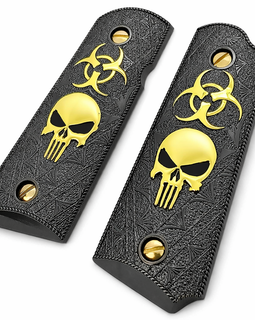 1911 Compact / Officer Grip Panels Black Textured Metal with Gold Skull & Biohazard – Ambi Cut – Includes Gold Screws1911 Compact / Officer Grip Panels Black Textured Metal with Gold Skull & Biohazard – Ambi Cut – Includes Gold Screws