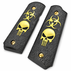 1911 Compact / Officer Grip Panels Black Textured Metal with Gold Skull & Biohazard – Ambi Cut – Includes Gold Screws1911 Compact / Officer Grip Panels Black Textured Metal with Gold Skull & Biohazard – Ambi Cut – Includes Gold Screws