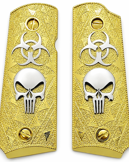1911 Compact / Officer Grip Panels Full Gold Textured Metal with Silver Skull & Biohazard – Ambi Cut – Includes Matching Gold Screws