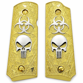 1911 Compact / Officer Grip Panels Full Gold Textured Metal with Silver Skull & Biohazard – Ambi Cut – Includes Matching Gold Screws
