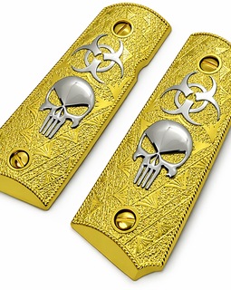 1911 Compact / Officer Grip Panels Full Gold Textured Metal with Silver Skull & Biohazard – Ambi Cut – Includes Matching Gold Screws