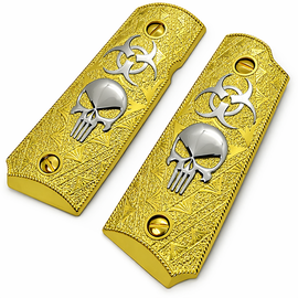 1911 Compact / Officer Grip Panels Full Gold Textured Metal with Silver Skull & Biohazard – Ambi Cut – Includes Matching Gold Screws