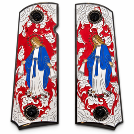 1911 Full Size Grips – Virgin Mary Red Enamel with Black Border – Ambi Cut – Black Screws