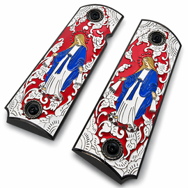 1911 Full Size Grips – Virgin Mary Red Enamel with Black Border – Ambi Cut – Black Screws