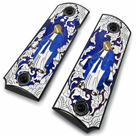 1911 Full Size Grips – Virgin Mary Blue Enamel with Black Border – Ambi Cut