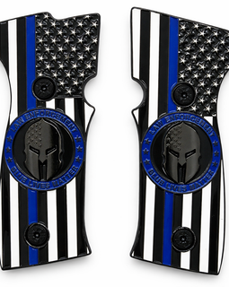 SIG Sauer P320 AXG Metal Grip Panels – Black Thin Blue Line Flag Spartan Design