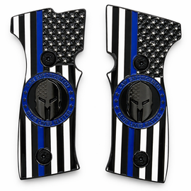 SIG Sauer P320 AXG Metal Grip Panels – Black Thin Blue Line Flag Spartan Design