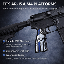 AR-15/M4 Aluminum Pistol Grip – Thin Blue Line Skull American Flag Design