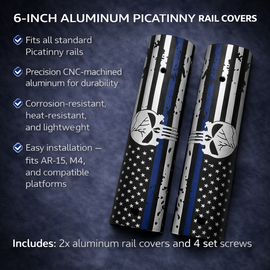 AR-15 / M4 Picatinny Rail Covers – Punisher Thin Blue Line Flag Design, Aluminum 6" Panels (Set of 2)