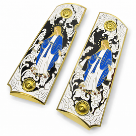 1911 Full Size Grips, Virgin Mary Gold with Enamel, Ambi Cut, and Screws Black