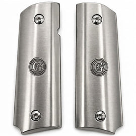 Full Size 1911 Stainless Steel Grip Panels – Brushed Silver Monogram (A–Z) – Ambi Cut