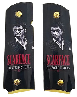 Scarface "The World Is Yours" Metal 1911 Grips – High Gloss Black Finish | Gold-Plated Base, Border & Screws | Full Size | Ambi Cut