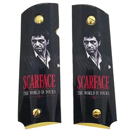 Scarface "The World Is Yours" Metal 1911 Grips – High Gloss Black Finish | Gold-Plated Base, Border & Screws | Full Size | Ambi Cut