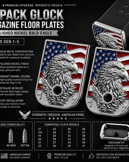 2-Pack Glock Magazine Metal Floor Plates – Polished Nickel Enamel Bald Eagle | Gen 1–5