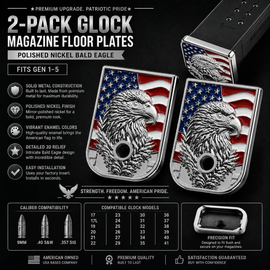 2-Pack Glock Magazine Metal Floor Plates – Polished Nickel Enamel Bald Eagle | Gen 1–5