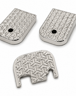 Custom Polished Nickel Metal Combo Set for Glock Gen 3 & Gen 4 – 2 Magazine Floor Plates + 1 Rear Slide Back Plate – Geometric Pattern