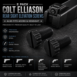 2 Pack Black Colt Elliason Rear Sight Elevation Screws – Fits Colt Gold Cup, National Match, Ace, Python, Anaconda, King Cobra, Diamondback, Trooper, Officer's Model Match & Woodsman Target