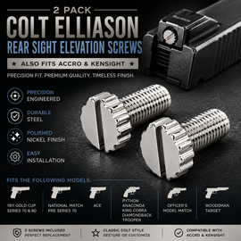 2 Pack Polished Nickel Colt Elliason Rear Sight Elevation Screws – Fits Colt Gold Cup, National Match, Ace, Python, Anaconda, King Cobra, Diamondback, Trooper, Officer's Model Match & Woodsman Target