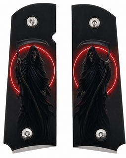 1911 Full Size Metal Grips – Grim Reaper Red Moon Design with Ambi Cut & Screws Nickel