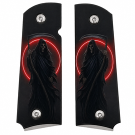 1911 Full Size Metal Grips – Grim Reaper Red Moon Design with Ambi Cut & Screws Nickel