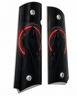 1911 Full Size Metal Grips – Grim Reaper Red Moon Design with Ambi Cut & Screws Nickel