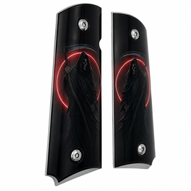 1911 Full Size Metal Grips – Grim Reaper Red Moon Design with Ambi Cut & Screws Nickel