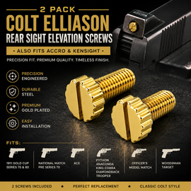 2 Pack Gold Plated Colt Elliason Rear Sight Elevation Screws – Fits Colt Gold Cup, National Match, Ace, Python, Anaconda, King Cobra, Diamondback, Trooper, Officer's Model Match & Woodsman Target