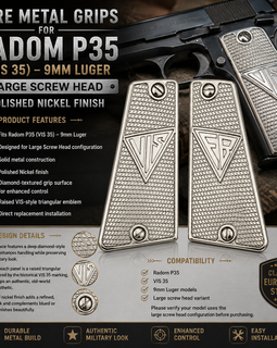 Metal Grips for Radom P35 (VIS 35) – Large Screw Head – 9mm Luger – Polished Nickel Finish