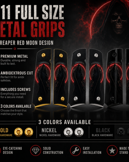 1911 Full Size Metal Grips – Grim Reaper Red Moon Design with Ambi Cut & Screws 3 Colors Available