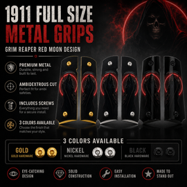 1911 Full Size Metal Grips – Grim Reaper Red Moon Design with Ambi Cut & Screws 3 Colors Available