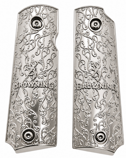 Browning 1911-22 / 1911-380 Nickel Metal Grips – Ornate Scroll Design (Includes Screws)