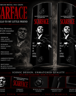 Scarface "Say Hello to My Little Friend" Metal 1911 Grips – High Gloss Black Finish | Black-Plated Base, Border & Screws | Full Size | Ambi Cut