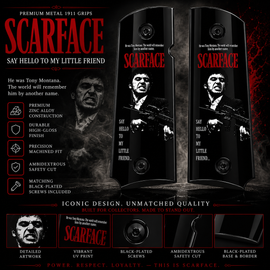 Scarface "Say Hello to My Little Friend" Metal 1911 Grips – High Gloss Black Finish | Black-Plated Base, Border & Screws | Full Size | Ambi Cut