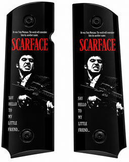 Scarface "Say Hello to My Little Friend" Metal 1911 Grips – High Gloss Black Finish | Black-Plated Base, Border & Screws | Full Size | Ambi Cut