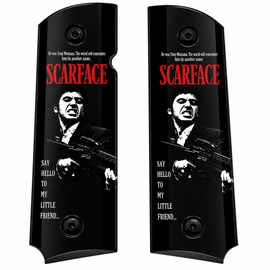 Scarface "Say Hello to My Little Friend" Metal 1911 Grips – High Gloss Black Finish | Black-Plated Base, Border & Screws | Full Size | Ambi Cut
