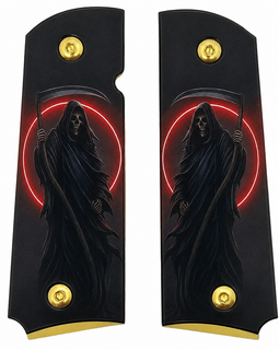 1911 Full Size Metal Grips – Grim Reaper Red Moon Design with Ambi Cut & Screws Gold
