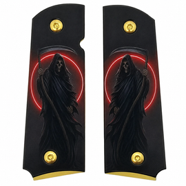 1911 Full Size Metal Grips – Grim Reaper Red Moon Design with Ambi Cut & Screws Gold