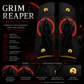 Grim Reaper Eclipse Metal 1911 Full Size Grips – Black & Gold | Ambi Safety Cut | Matching Screws Included