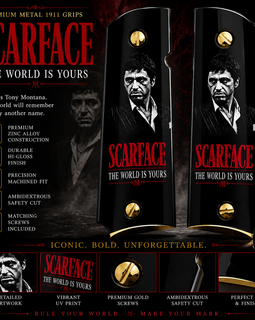 Scarface "The World Is Yours" Metal 1911 Grips – High Gloss Black Finish | Gold-Plated Base, Border & Screws | Full Size | Ambi Cut
