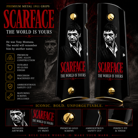 Scarface "The World Is Yours" Metal 1911 Grips – High Gloss Black Finish | Gold-Plated Base, Border & Screws | Full Size | Ambi Cut