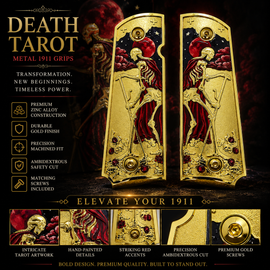 Death Tarot Metal 1911 Full Size Grips – Gold & Red | Ambi Safety Cut | Matching Screws Included