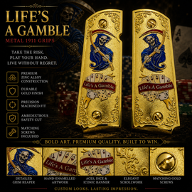 Life's A Gamble Metal 1911 Full Size Grips – Gold Finish | Grim Reaper Design | Ambi Safety Cut | Matching Screws Included