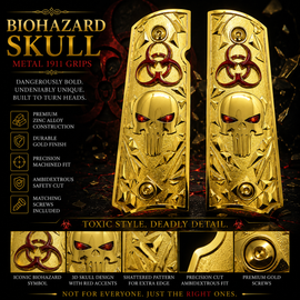 Limited Edition Metal 1911 Full Size Grips – Biohazard Skull Design – Gold/Red – Ambi Safety Cut – Includes Screws