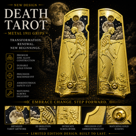 Death Tarot Metal 1911 Full Size Grips – Gold Finish | Ambi Safety Cut | Matching Screws Included